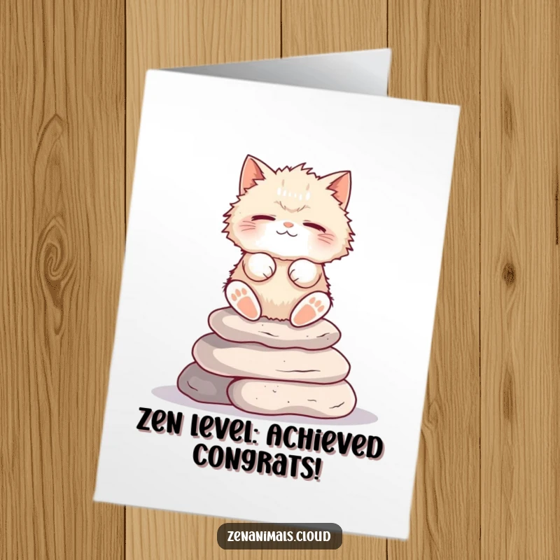 Funny free printable congratulations card showing a fluffy cat meditating peacefully on stone stack, conveying good vibes.