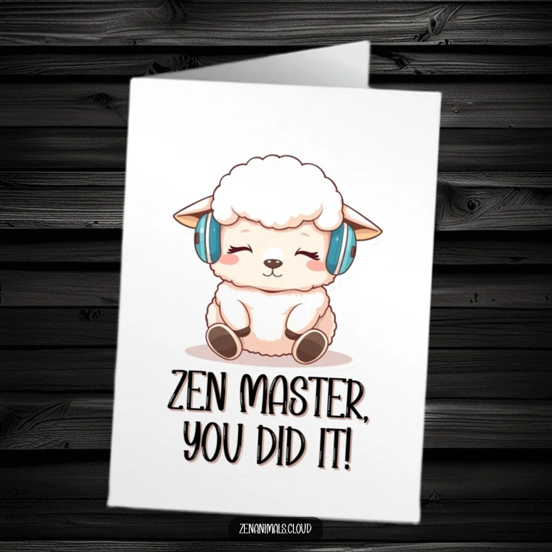 Free Printable Congratulations Card: A fluffy sheep meditating with headphones, exuding peaceful vibes to celebrate success.
