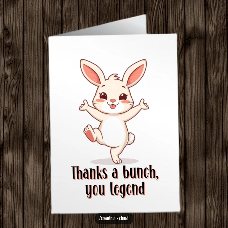 Funny Free Printable Thank You Card of a cheerful bunny doing a playful yoga pose. Easy downloadable thanks.