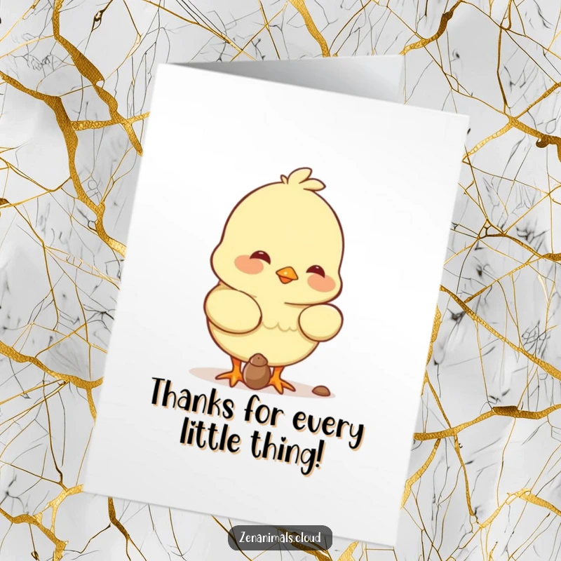 Funny Free Printable Thank You Card: Contented chick pecking a seed, smiling, offering cute and grateful thanks.