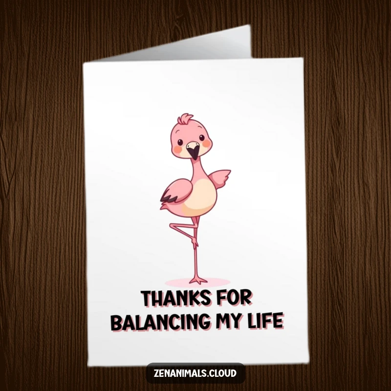 Funny free printable thank you card featuring a whimsical animal standing on one leg, offering thanks with a playful and lighthearted spirit.