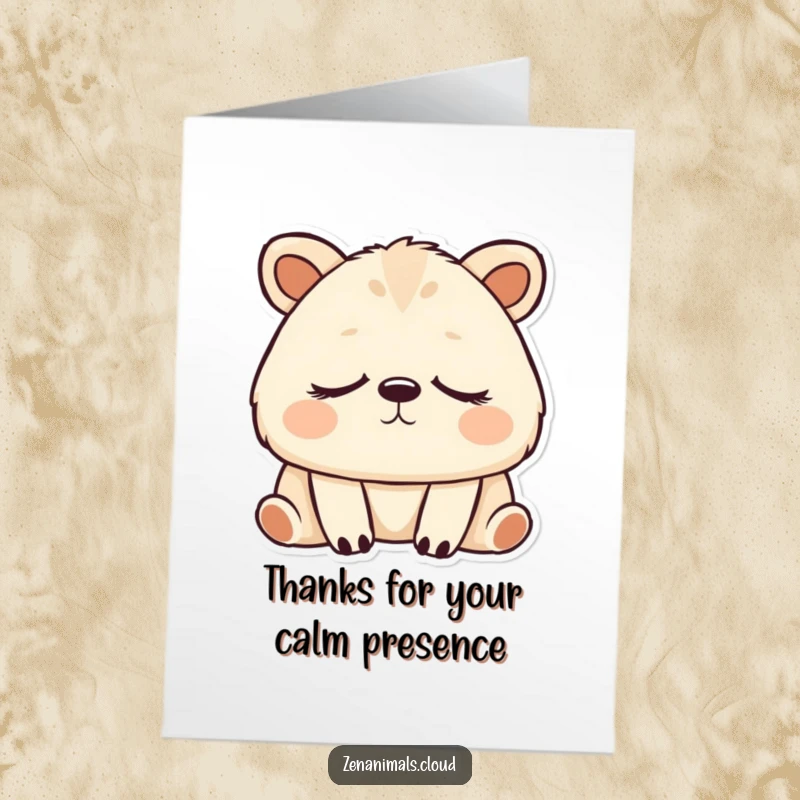 Free printable thank you card featuring a peaceful animal with eyes closed, breathing deeply, offering serene and heartfelt thanks.