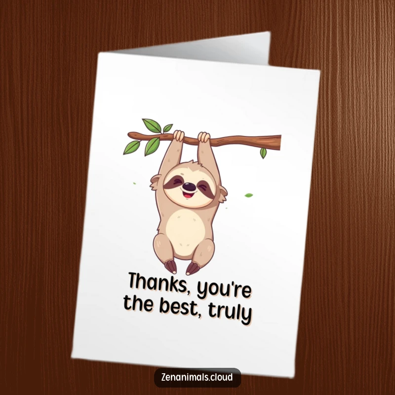 Funny free printable thank you card showing a giggling sloth hanging upside down, looking amused, expressing thanks slowly.