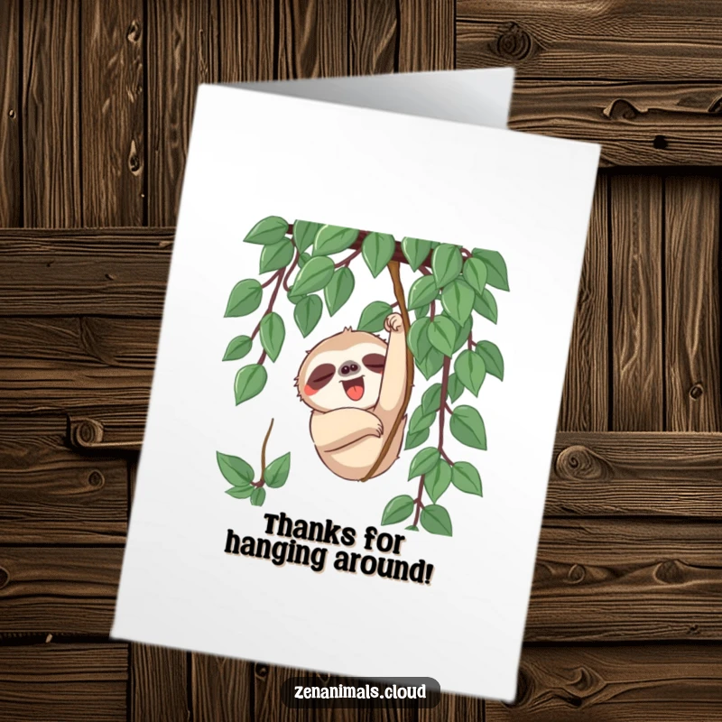 Funny Free Printable Thank You Card: Sleepy sloth reaching for a vine, offering a slow, heartfelt, and humorous thank you.