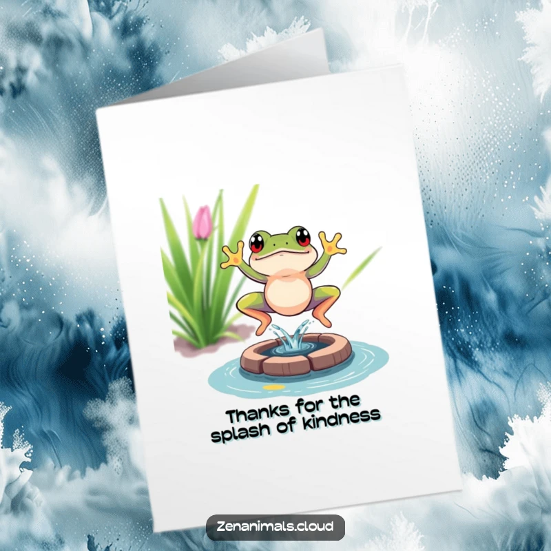 Funny Free Printable Thank You Card: A vibrant frog leaping into a tiny pond, creating a joyful splash.