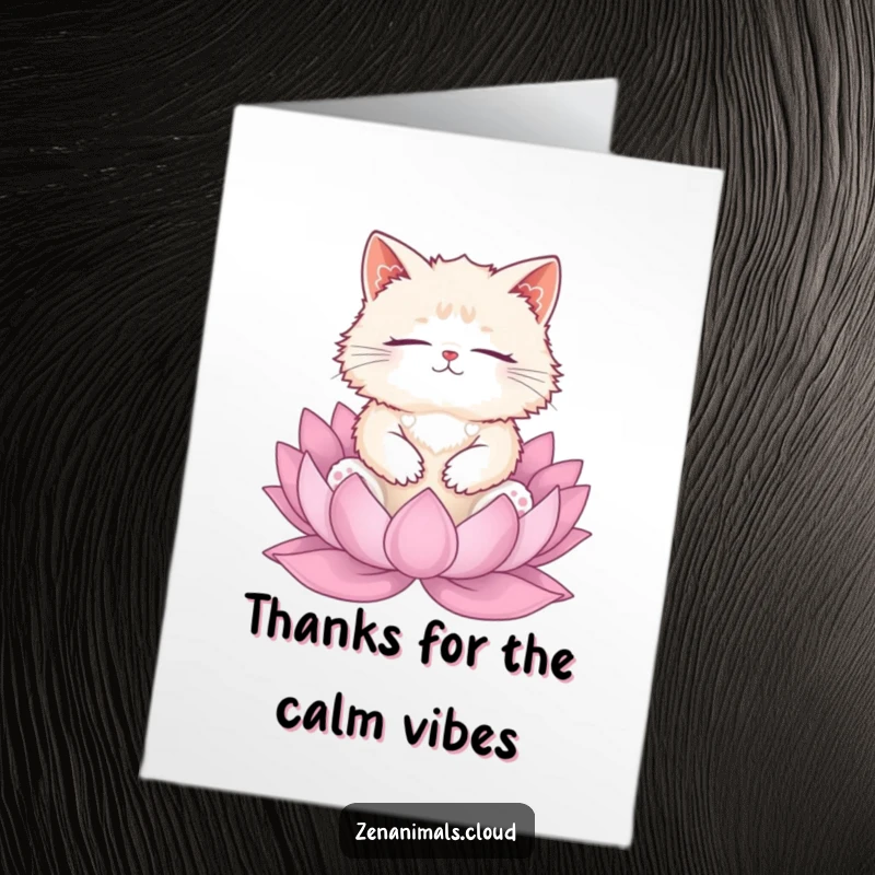 Funny Free Printable Thank You Card: A fluffy cat meditating peacefully on a lotus, conveying calm thankfulness.