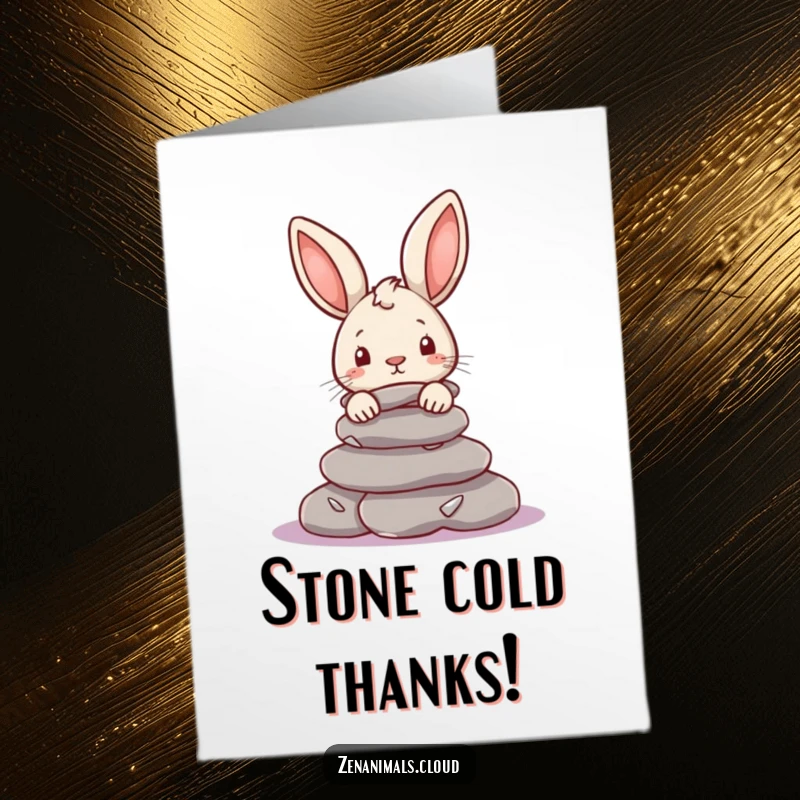 Funny Free Printable Thank You card, a cute rabbit peeking from behind river stones, offering a humorous way to express gratitude.