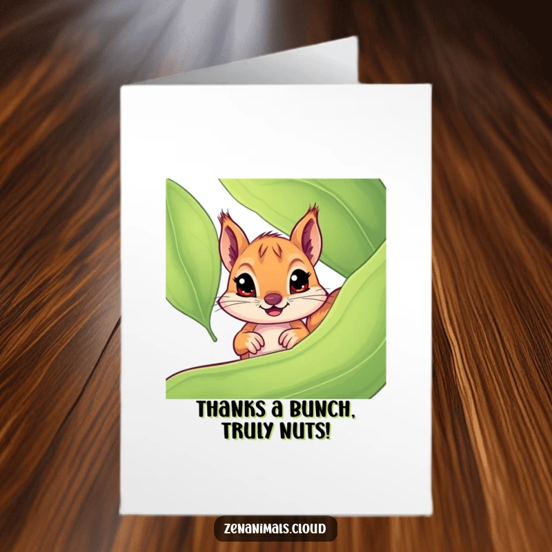 Funny Free Printable Thank You Card: Cute curious squirrel peeking out from a large leaf, expressing thanks.