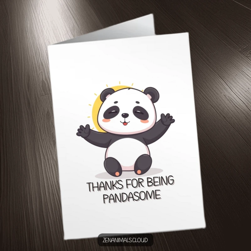 Funny Free Printable Thank You Card of a playful panda doing a gentle sun salutation yoga pose.