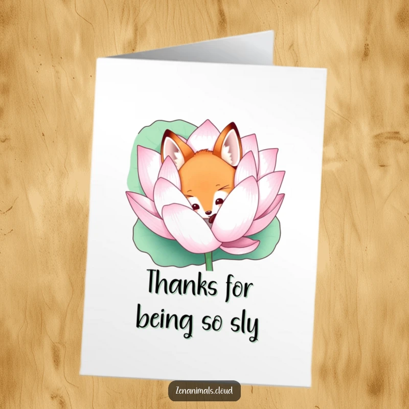 Funny Free Printable Thank You Card with a curious fox peeking from behind a vibrant lotus flower.