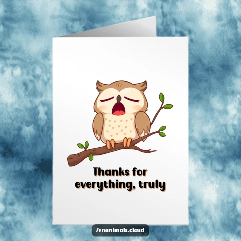 Funny Free Printable Thank You Card: A yawning owl on a branch expresses a humorous, sleepy sentiment of thanks, great for any recipient.