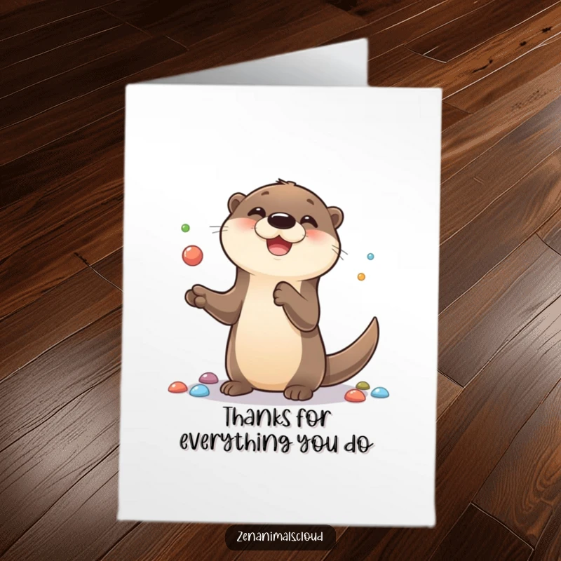 Funny Free Printable Otter Thank You Card: A cute otter juggling colorful pebbles, sending a joyful and appreciative thank you.