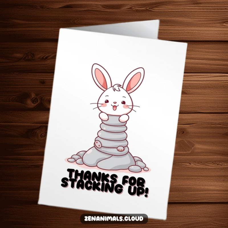 Funny free printable thank you card: A cute bunny with a big smile, perfectly balancing a tall tower of smooth, rounded pebbles.
