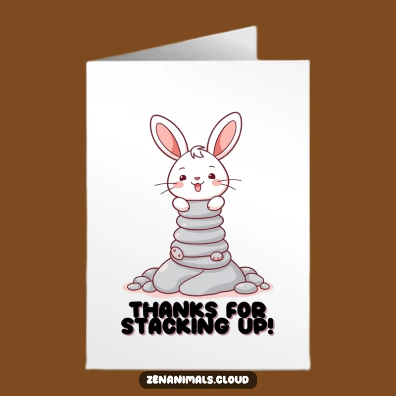 Show your appreciation with a touch of whimsy using this free printable card! A cheerful bunny balancing pebbles, print-at-home thanks.