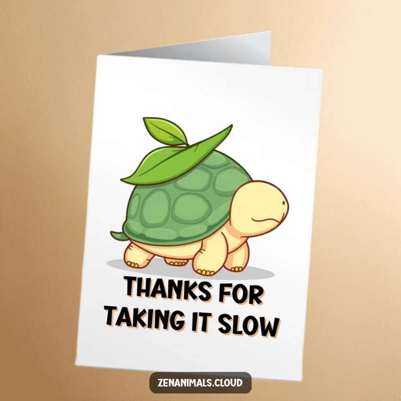 Funny Free Printable Thank You Card featuring a peaceful turtle with a green leaf, conveying thanks slowly.