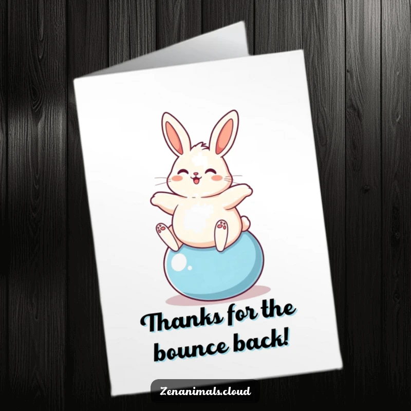 Funny Free Printable Thank You Card: A plump bunny happily bouncing on a yoga ball, sending cheerful thanks.