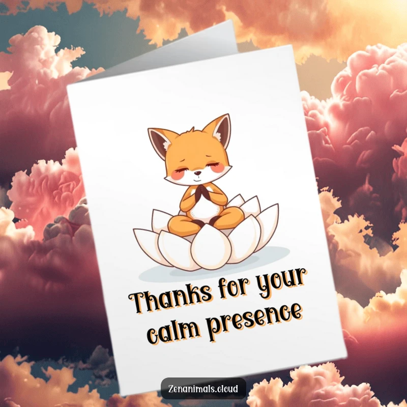 Funny Free Printable Thank You Card: A tiny fox finding inner peace while meditating on a floating lotus flower.