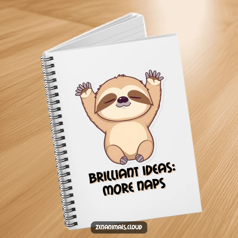 Funny notebook with a sleepy sloth gently stretching its arms upwards, designed for jotting down notes with a touch of humor and relaxation.
