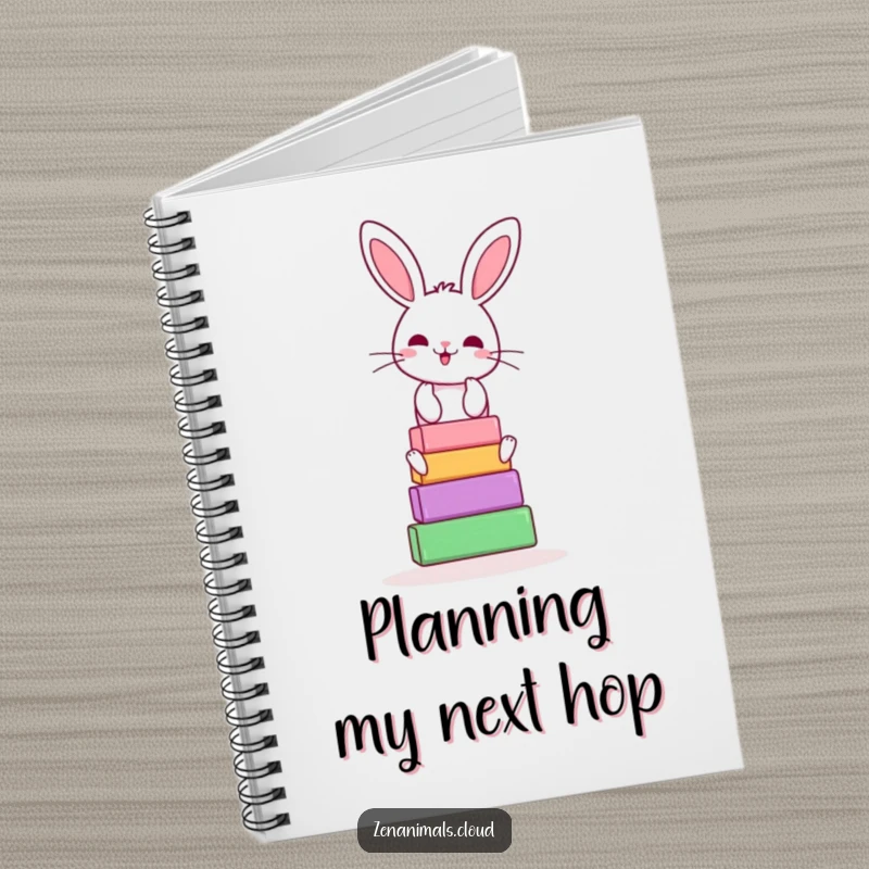 Funny bunny yoga notebook with a cheerful rabbit balancing yoga blocks, ideal for notes and a humorous gift.