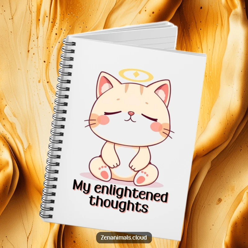 Funny cat meditation notebook, cover art of a meditating cat with halo, ideal for jotting down peaceful thoughts.