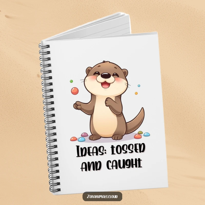 Funny notebook featuring a cute otter with a smile, expertly juggling colorful pebbles, designed for recording notes with a playful and artistic flair.