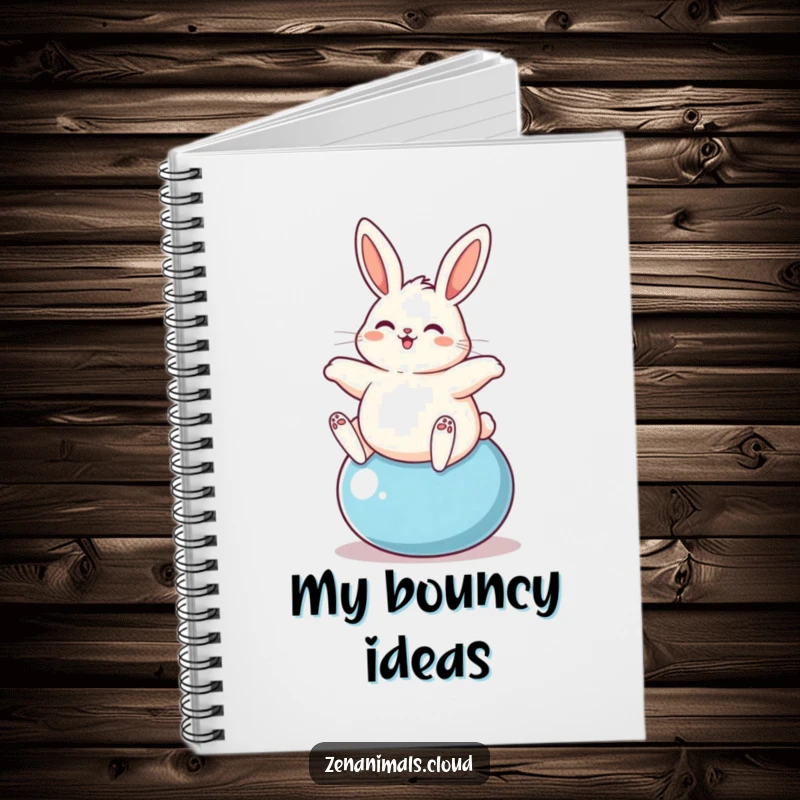 Funny plump bunny happily bouncing on a yoga ball, shown on a notebook cover for energetic writing.