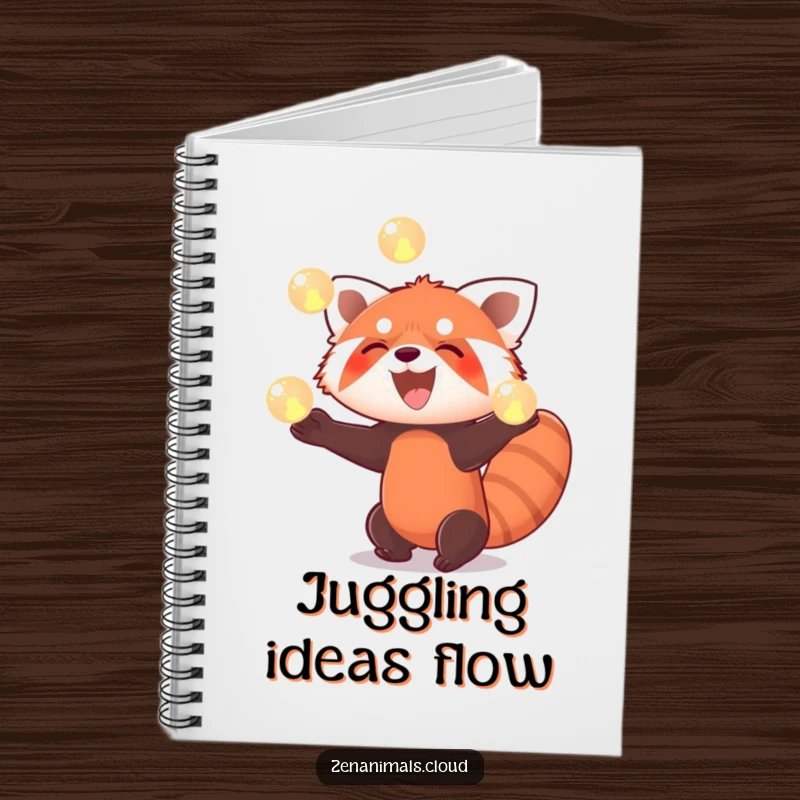 Funny red panda notebook cover with a red panda enthusiastically juggling three glowing orbs with a wide smile.