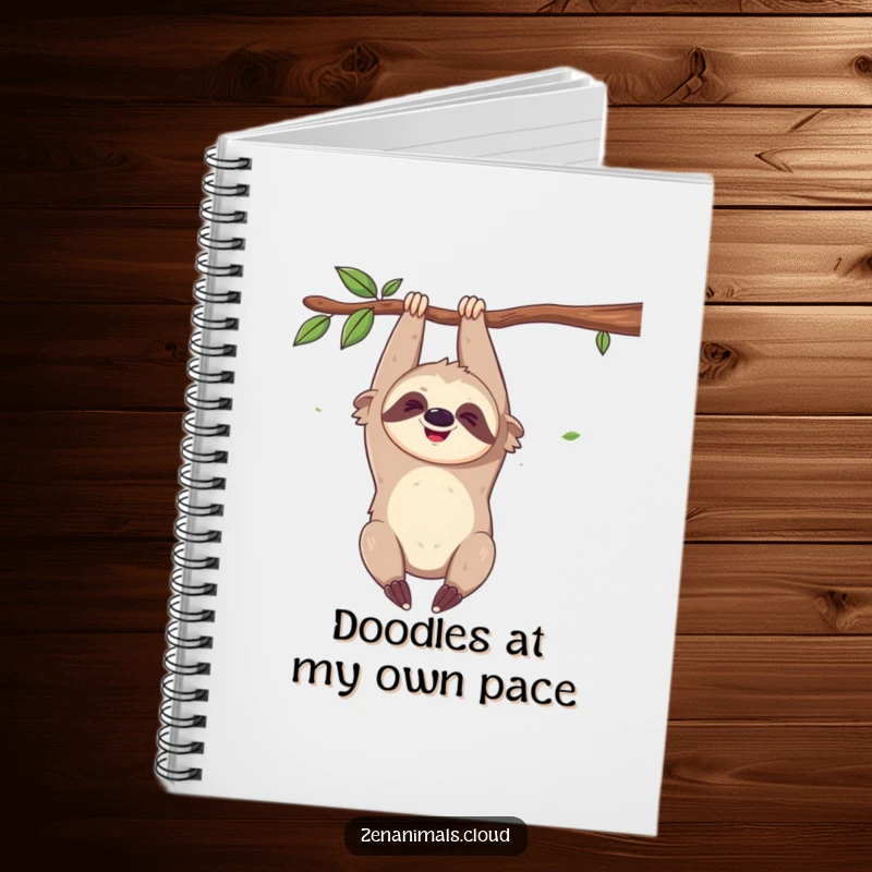 Funny notebook with a giggling sloth hanging upside down, perfect for jotting down notes and ideas with a playful spirit.
