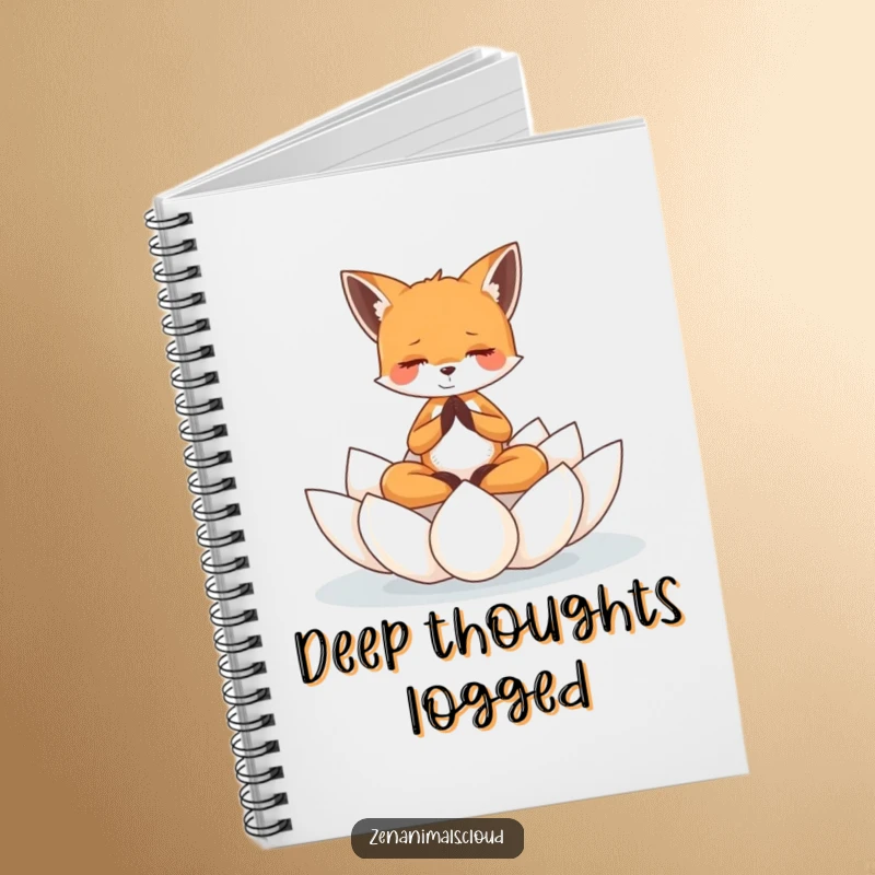Funny tiny fox meditating on a floating lotus flower, shown on a notebook cover for peaceful writing.
