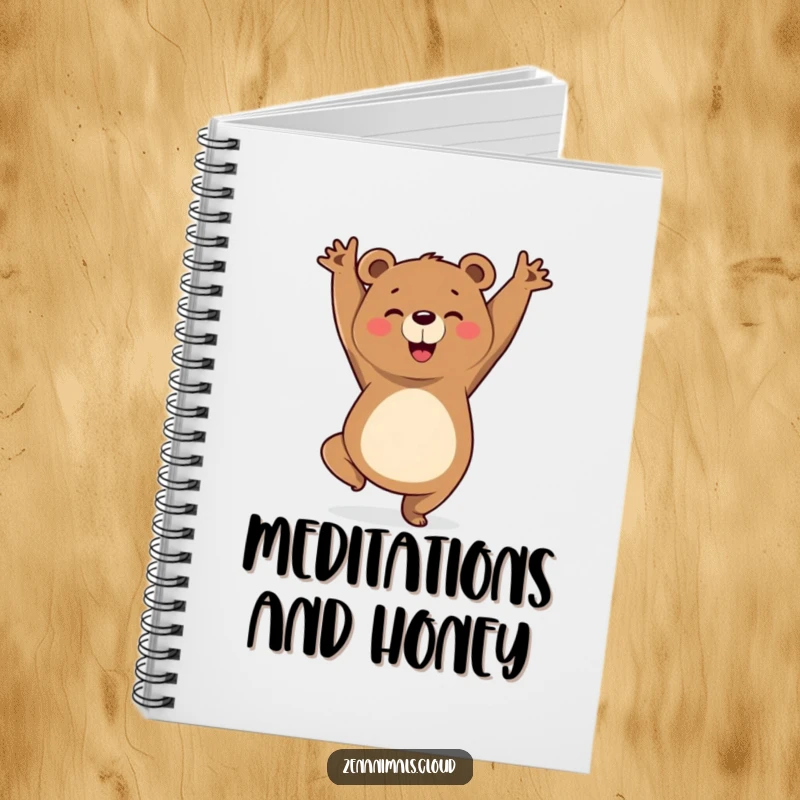 Funny notebook featuring a cheerful bear in a triumphant yoga pose, designed for recording notes with a blend of mindfulness and humorous motivation.