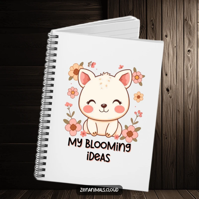 Funny notebook cover displaying a serene happy animal with a soft smile, adorned with subtle floral patterns for creative inspiration.