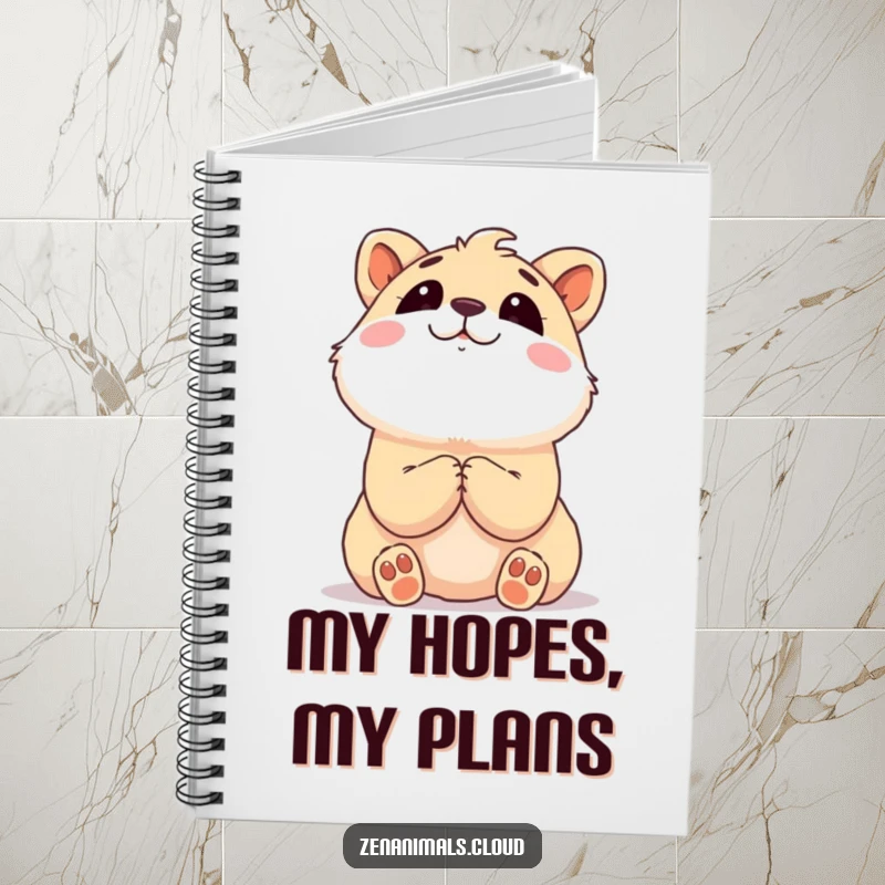Funny animal with clasped paws looking upwards dreamily, a humorous notebook for dreams.