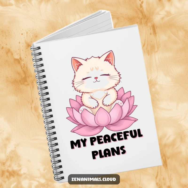 Funny cat meditation notebook with a fluffy cat on a lotus, ideal for notes and a humorous gift.