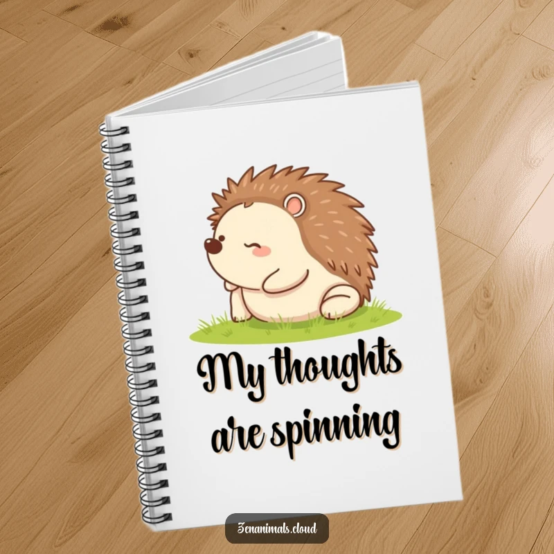 Funny notebook featuring a happy hedgehog rolling on its back, perfect for jotting down notes with a smile.