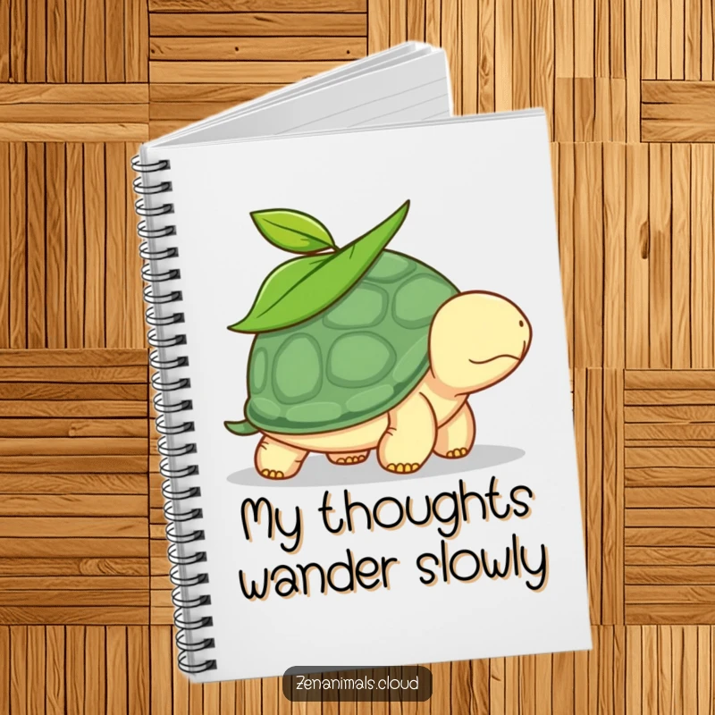 Funny turtle notebook with a leaf on its head, symbolizing slow and steady progress, perfect for journaling or note-taking.