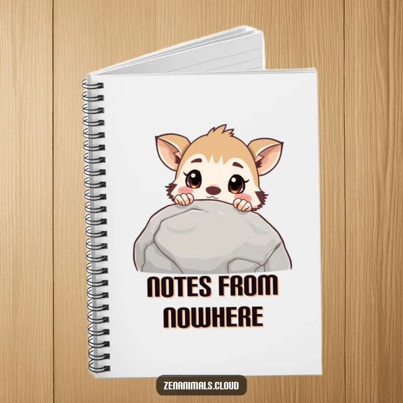 Funny curious animal notebook with a creature peeking over a rock with a surprised expression, perfect for journaling discoveries.