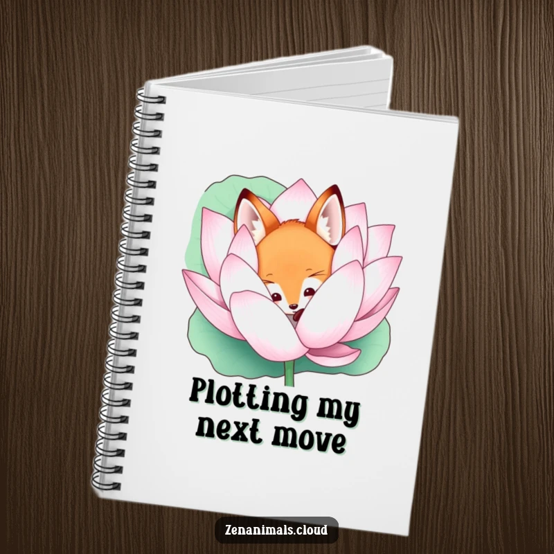 Funny curious fox peeking from a lotus on a notebook, ideal for jotting down intriguing thoughts and ideas.