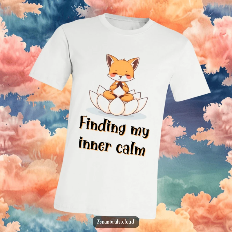 Funny tiny fox in a peaceful meditation pose on a floating lotus flower, featured on this serene t-shirt.