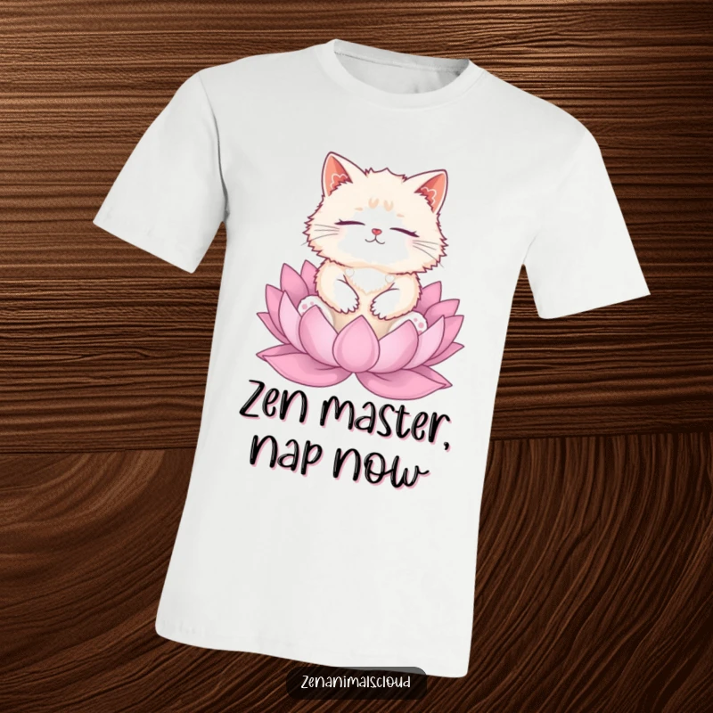 Funny cat meditation t-shirt featuring a fluffy cat meditating on a lotus, ideal for yoga lovers and a funny gift.