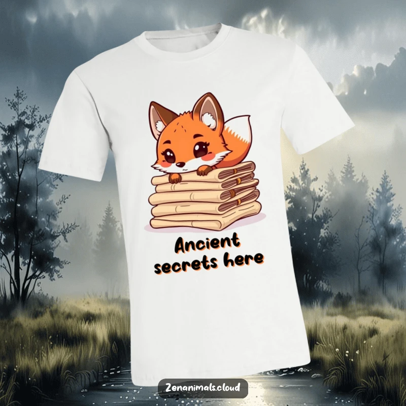 Funny curious fox peeking from behind ancient scrolls, tail wagging, a whimsical and witty design on a t-shirt.