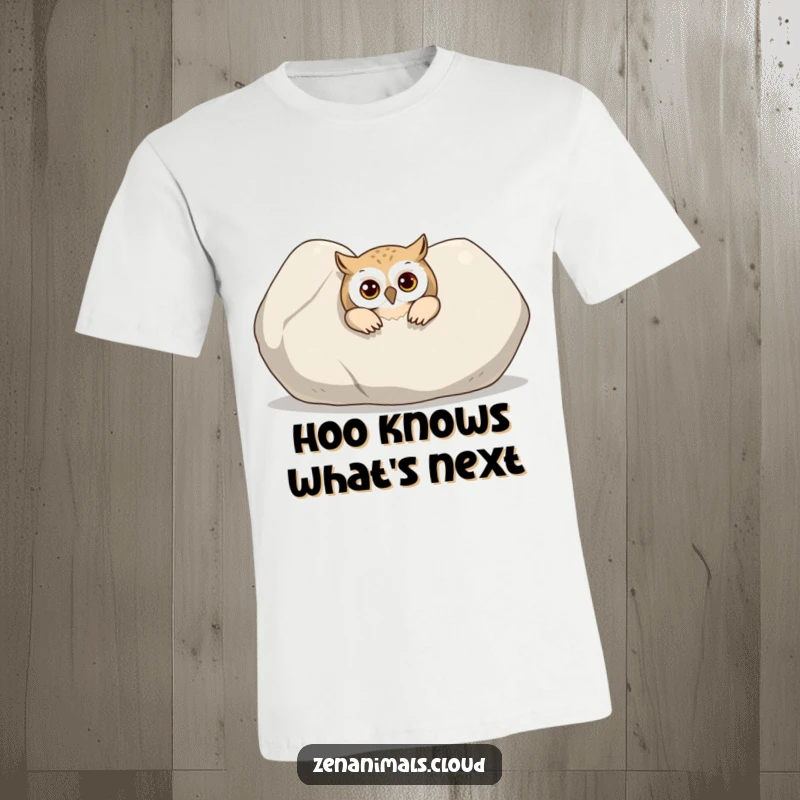 Funny Owl T-Shirt: A curious owl peeking out from behind a large, smooth stone, celebrating curiosity and nature.