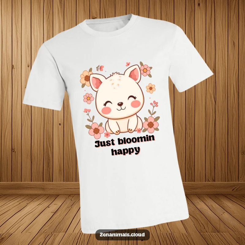 Funny t-shirt with a happy animal sporting a gentle smile, nestled among soft floral designs, symbolizing happiness and peace.