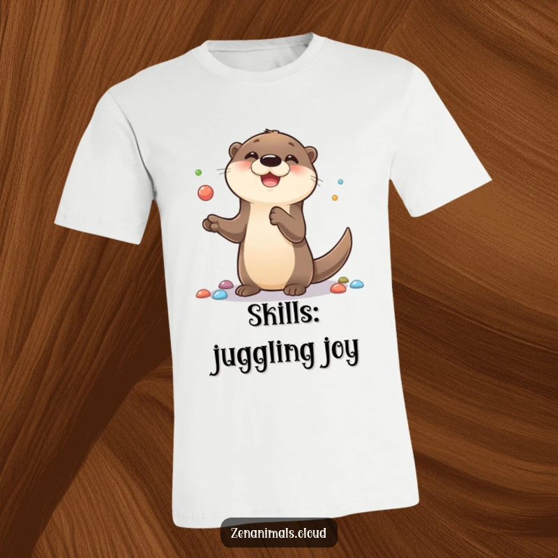 Funny t-shirt featuring a happy, cute otter balancing and juggling colorful pebbles, radiating pure joy and playful skill.