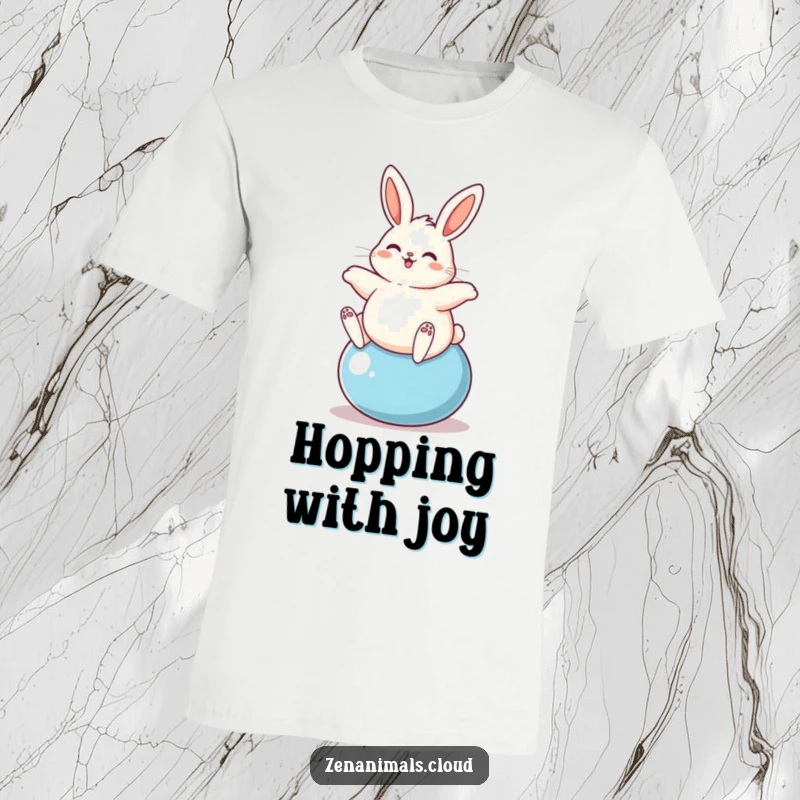 Funny plump bunny energetically bouncing on a yoga ball, featured on this fun and humorous t-shirt.