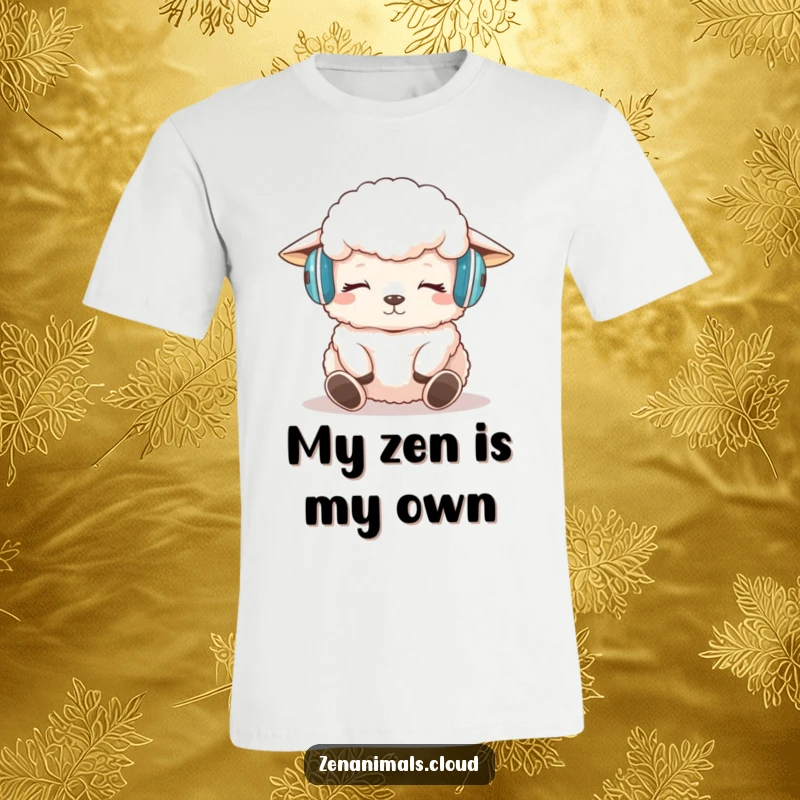 Funny sheep meditation t-shirt depicting a fluffy sheep with headphones, peacefully meditating with closed eyes.