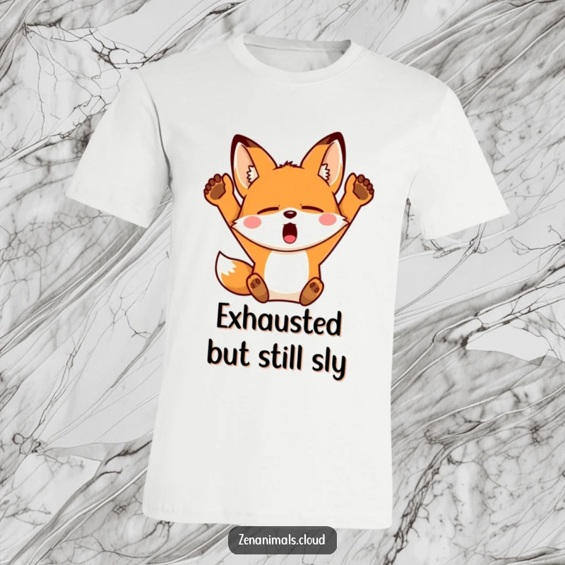 Funny Fox T-Shirt: A sleepy fox yawning widely and stretching its arms upwards, perfect for expressing comfortable laziness.