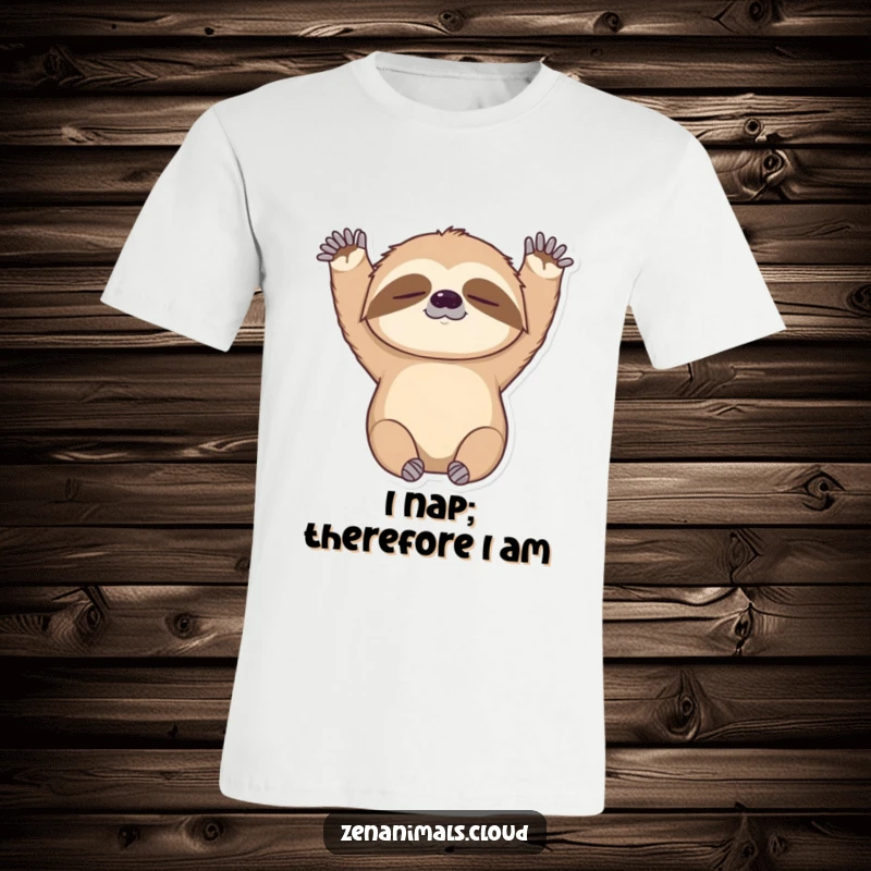 Funny t-shirt showing a sleepy sloth doing a gentle, upward arm stretch, exuding a mood of complete relaxation and morning coziness.