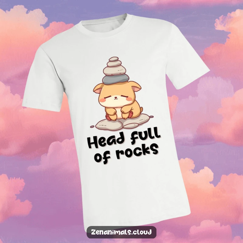 Funny sleepy animal t-shirt featuring a tired creature attempting to balance a precarious stack of small rocks on its head, capturing relatable exhaustion.
