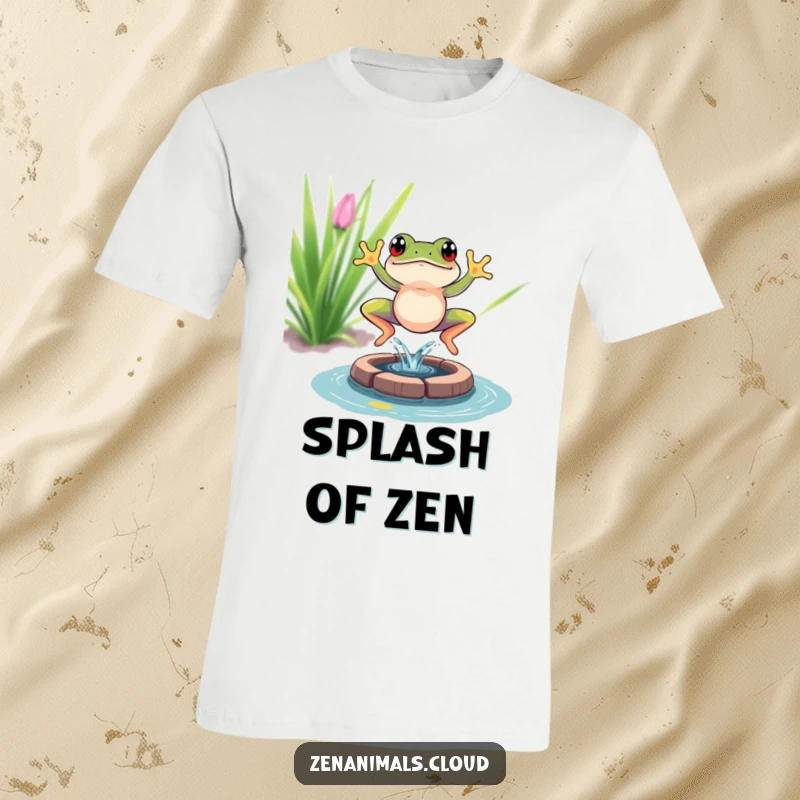 Funny frog leaping t-shirt with a vibrant frog creating a splash as it enters a tiny meditation pond, full of energy and humor.
