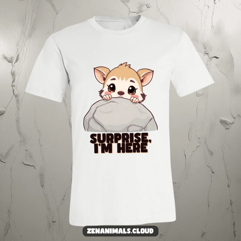 Funny curious animal t-shirt featuring a creature peeking over a rock with a shocked and wide-eyed surprised expression, showcasing inquisitiveness.